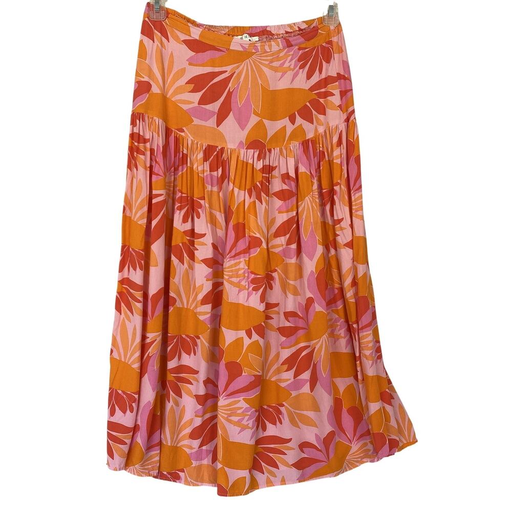 Abel‎ The Label Skirt M Pink Orange Floral Peasant Midi Tiered Boho Anthropogie